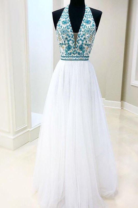 White Chiffon Long Prom Dress V Neck Halter With Blue Beaded Bodice Dress Evening Dress P1031