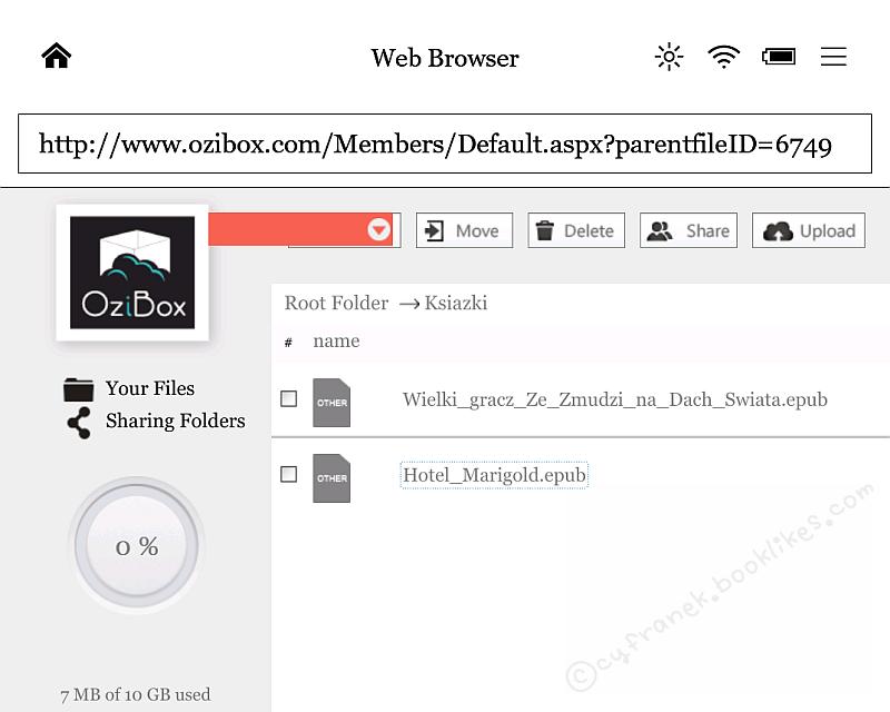 Dysk Ozibox w przeglądarce WWW Kobo Glo HD