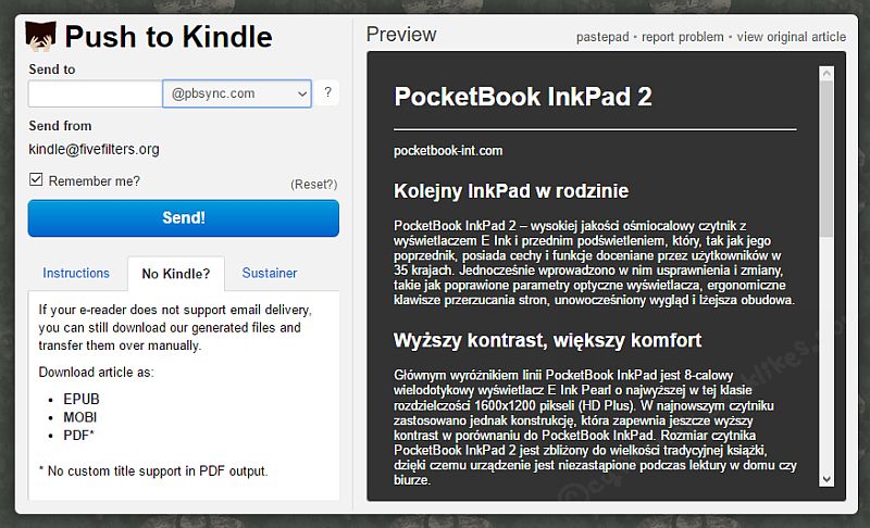 Wtyczka Push to Kindle wysyła również na czytnik PocketBook InkPad 2