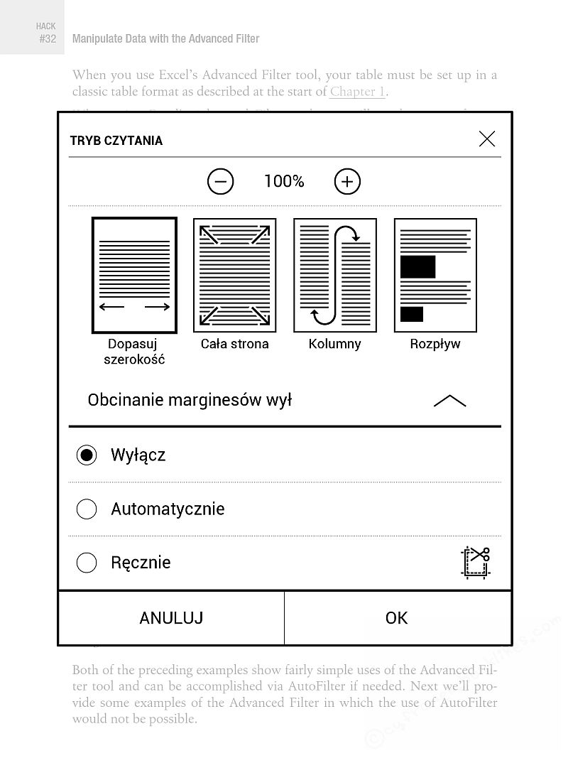 PocketBook InkPad 2 - menu przystosowania plików PDF